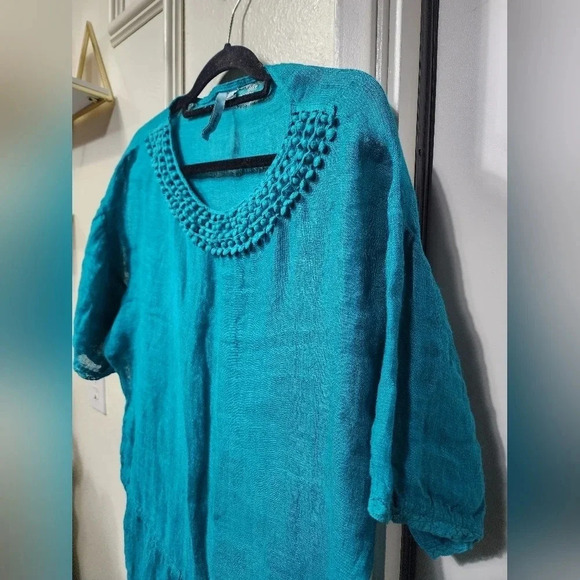 Michael Stars Textured Linen Yael Elbow Sleeve Boatneck Tunic Dress in Cove XS - Picture 3 of 7